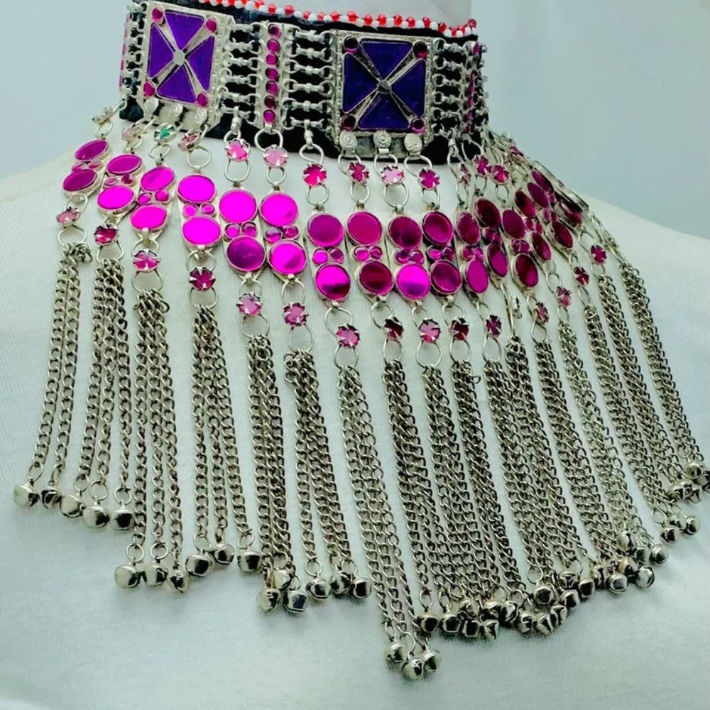 Handmade Afghan Choker Necklace: Purple Stone Tribal Statement with Bells - Picture 5 of 12